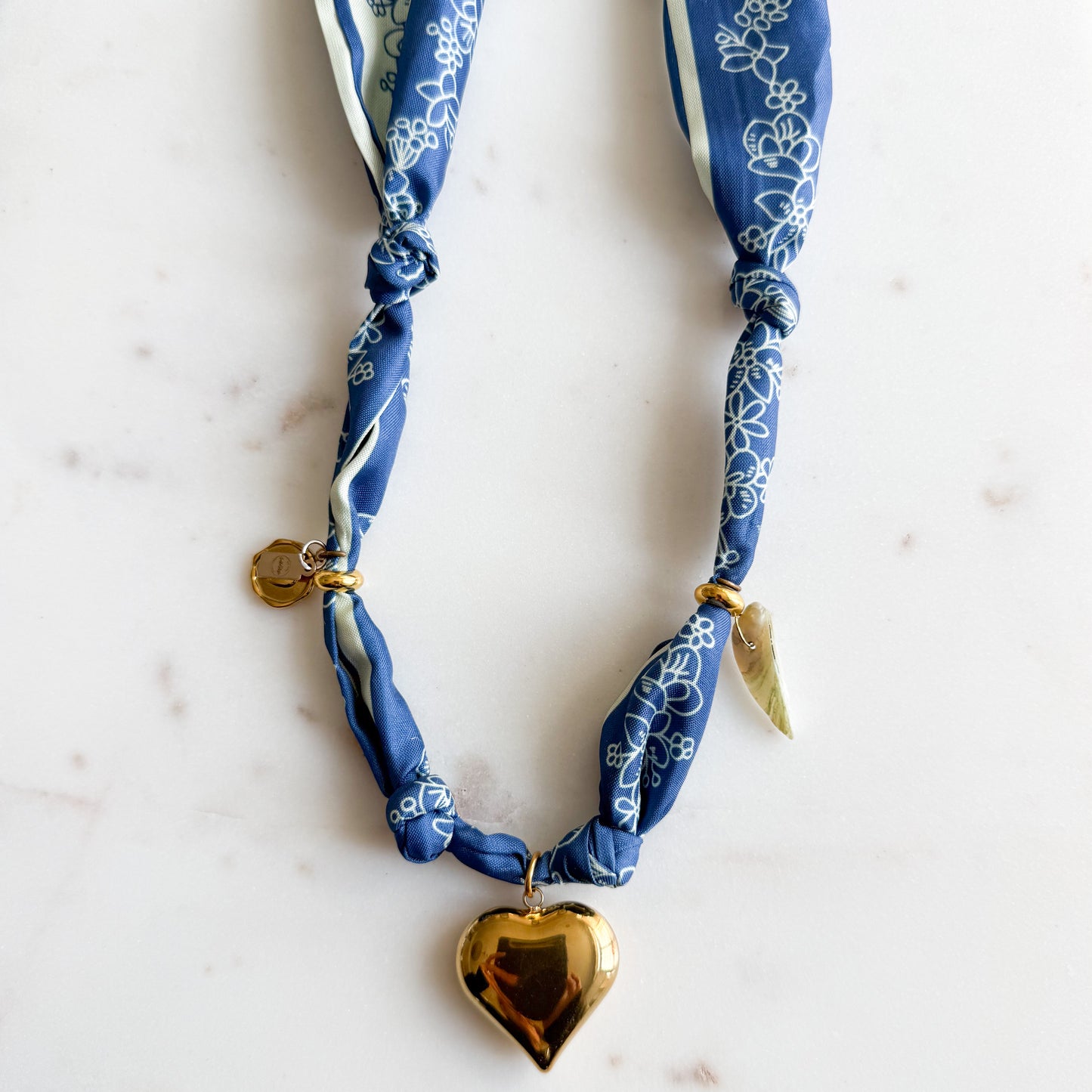 Hayling Gold Heart Charm Blue Bandana Scarf Necklace