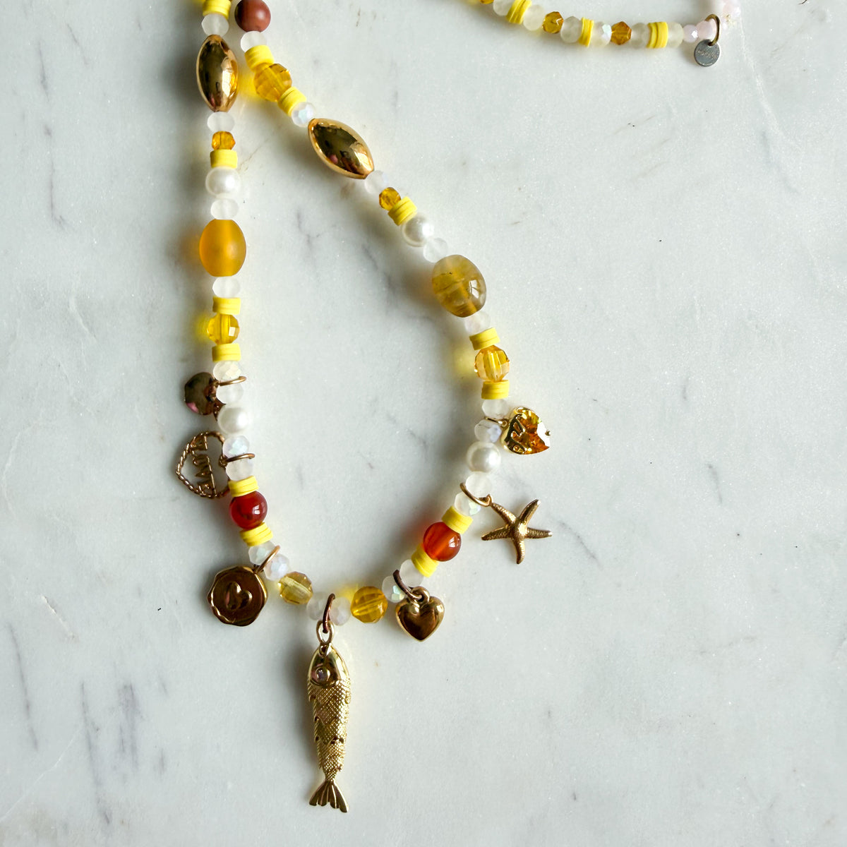 Jaune Golden Agate Jasper Moonstone Quartz Vintage Swarovski Fish Charm Necklace- BelleStye