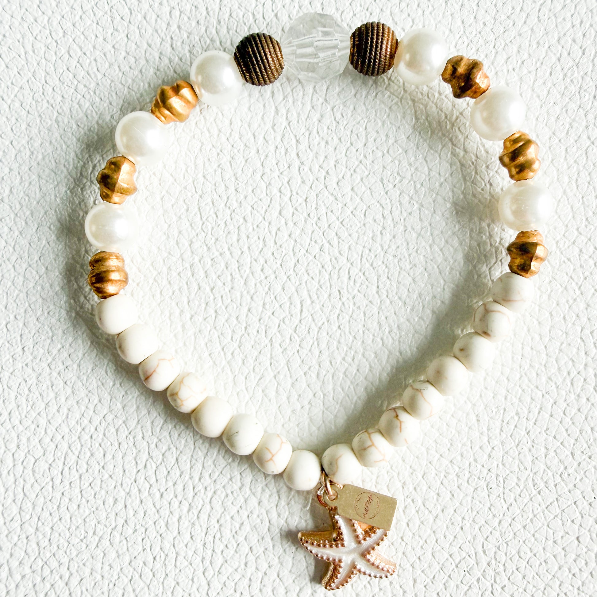 Starfish Sustainable Semi-Precious Stone Vintage Brass Charm Stretch Bracelet - BelleStyle