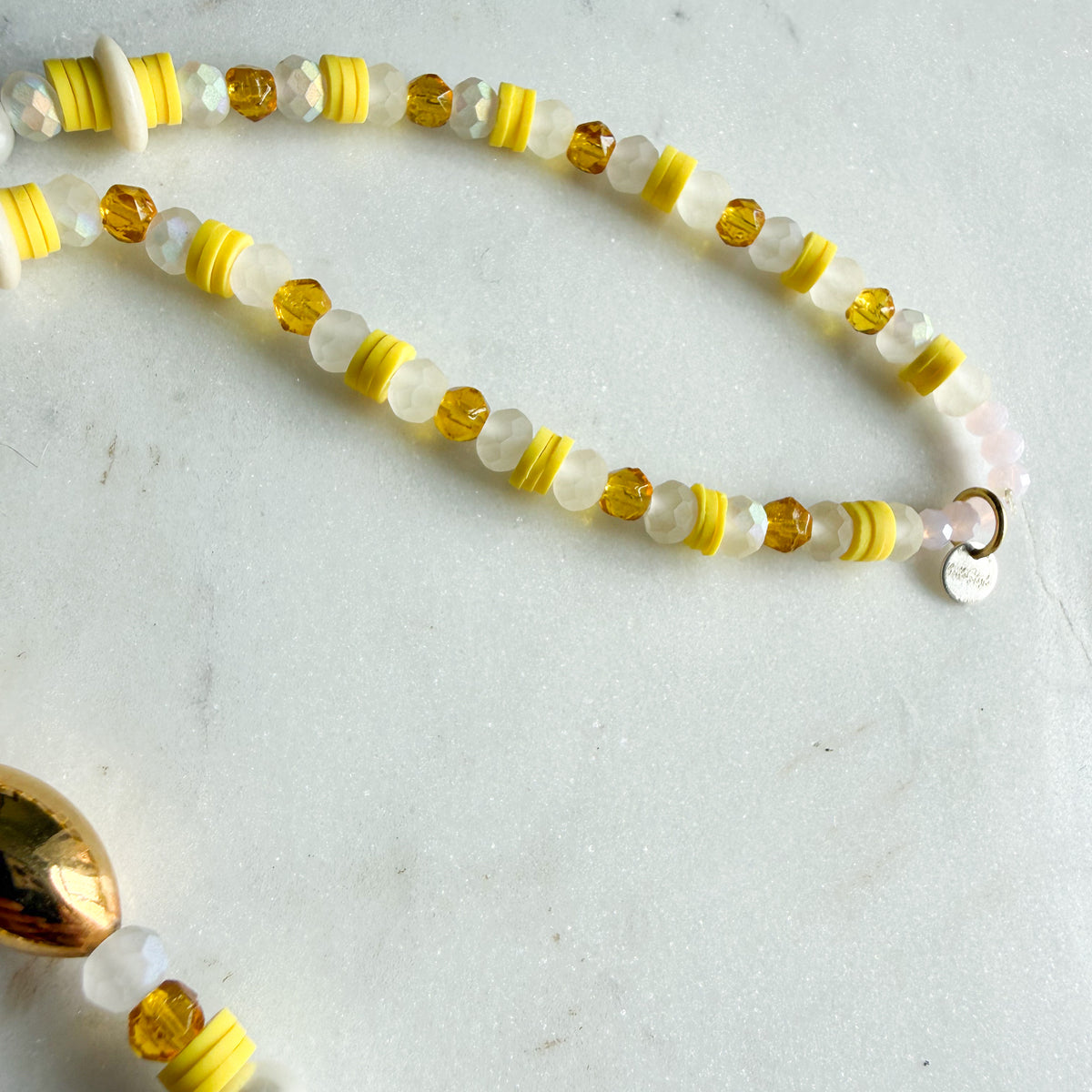 Jaune Golden Agate Jasper Moonstone Quartz Vintage Swarovski Fish Charm Necklace- BelleStye