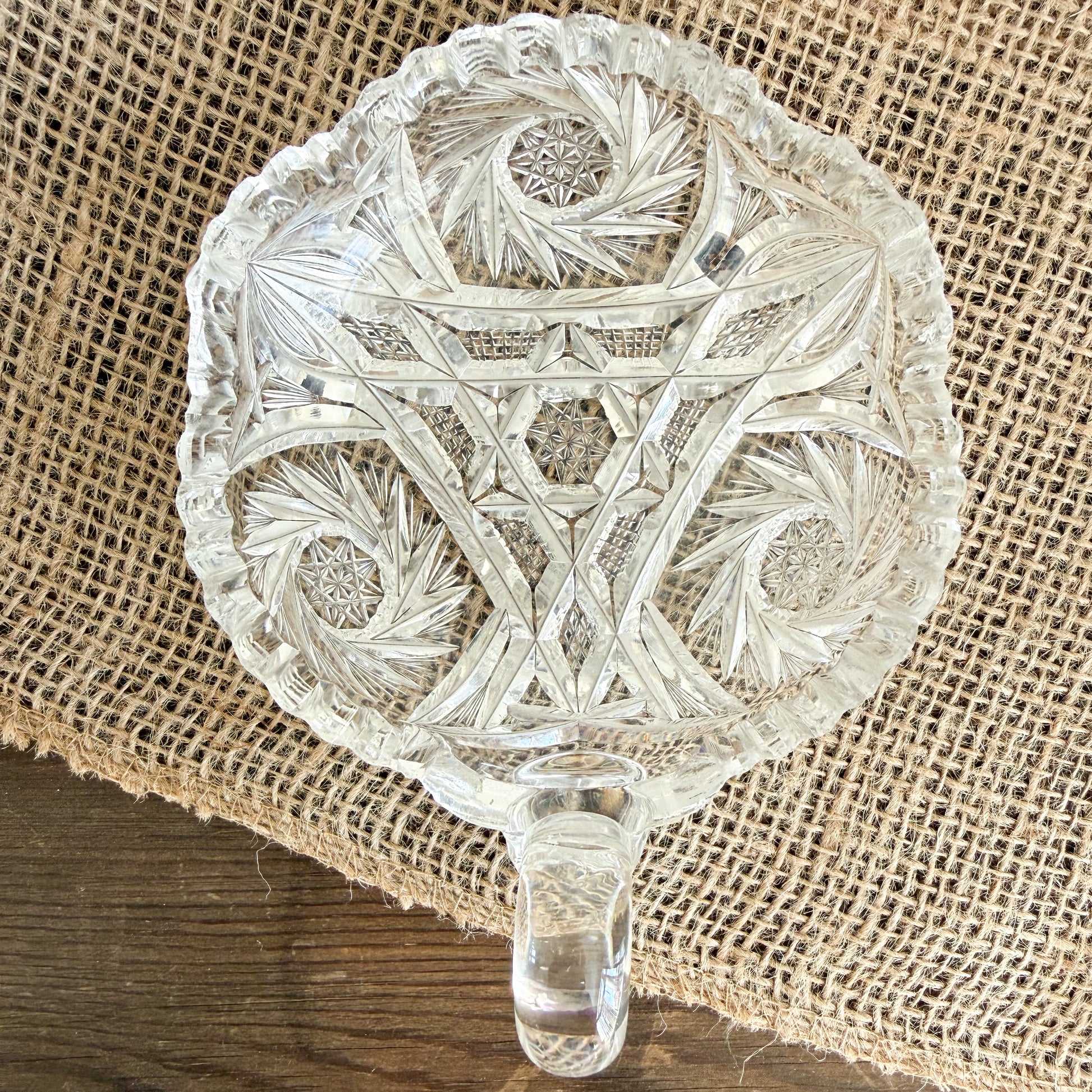 Windmill Vintage Crystal Glass Jewelry Bowl with Handle