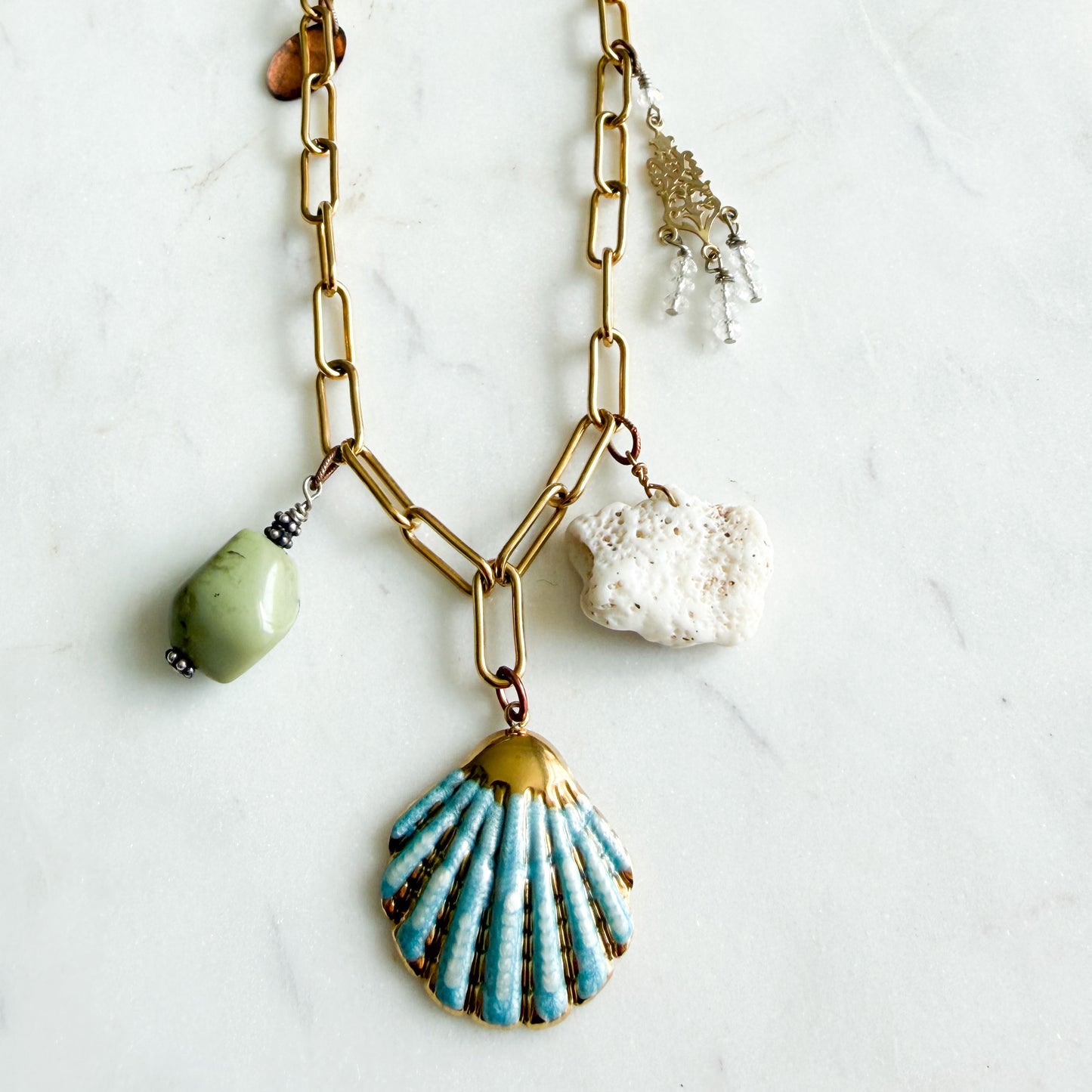 Blue Shell Deerskin Leather Long Statement Coral Charm Necklace