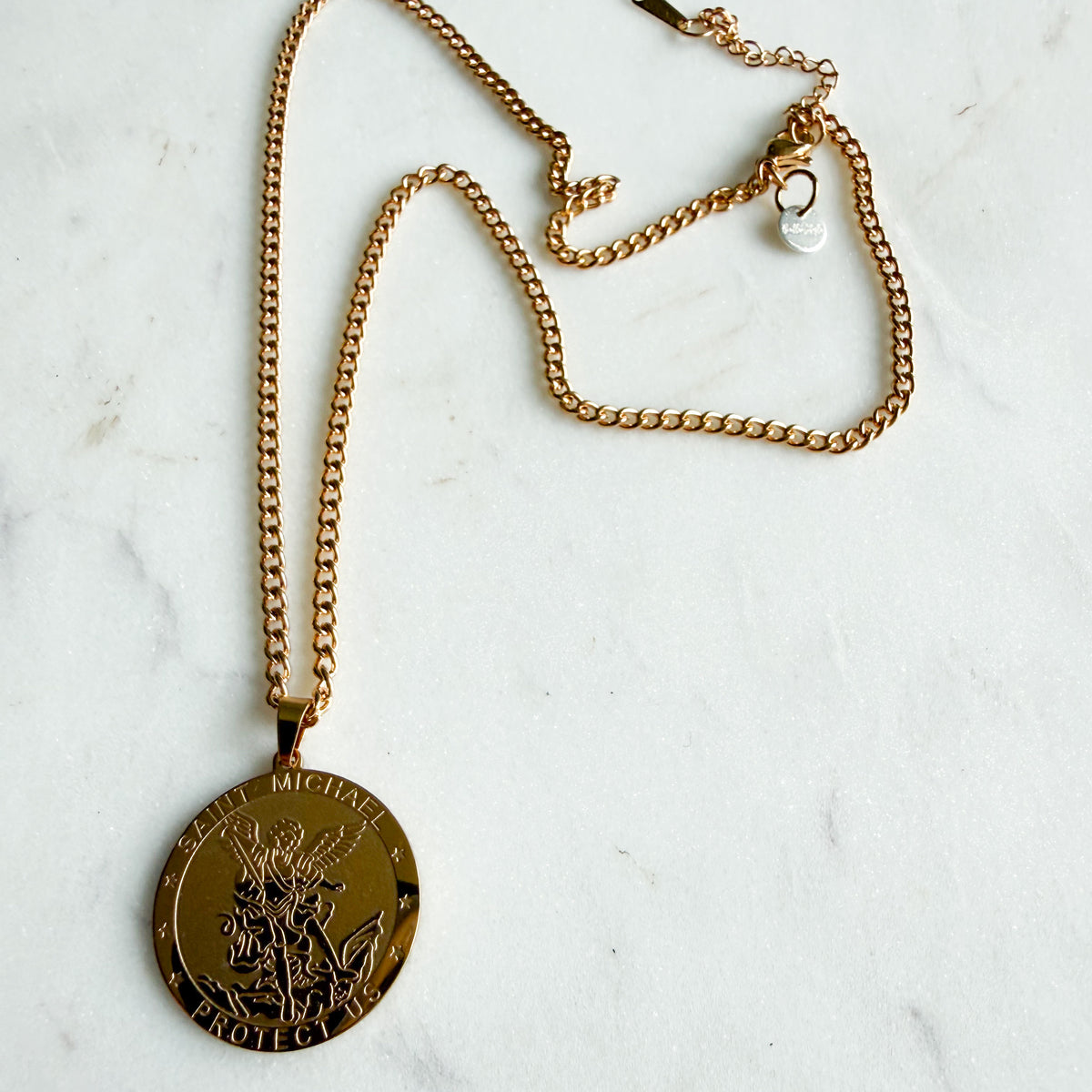 St. Michael Protect Us Stainless Steel Coin Charm Prayer Necklace