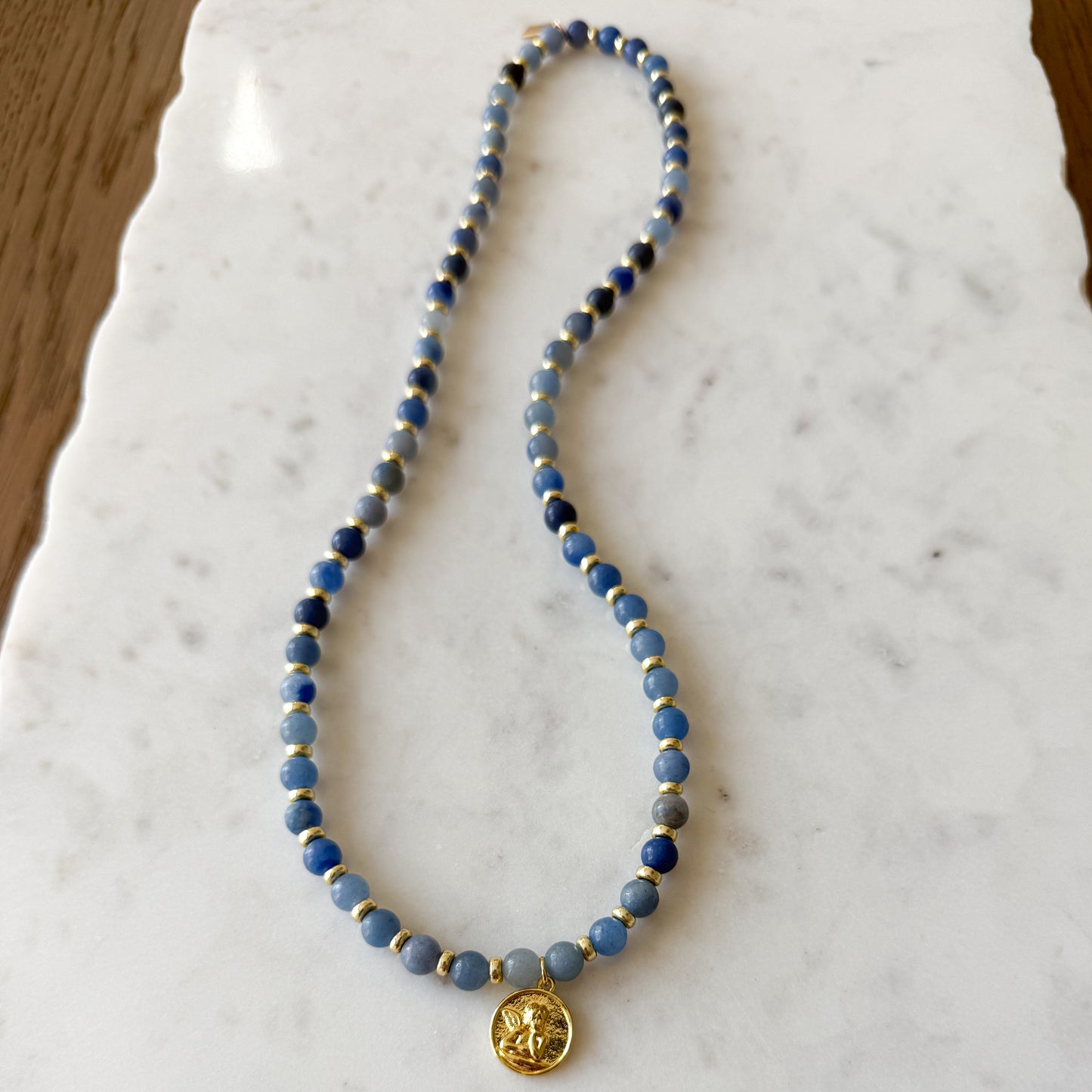Sistine Chapel Gold Angelface Charm Blue Chalcedony Semi-Precious Stone Necklace