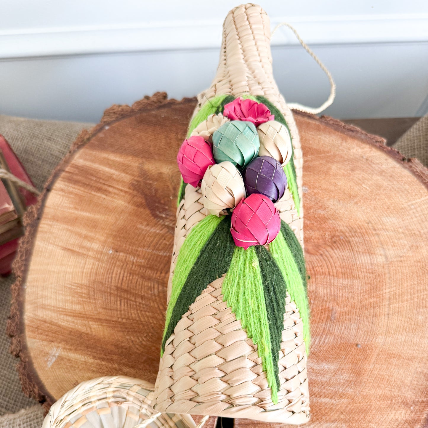 Raspberry Bohemian Vintage Fine Palm Woven Wine Carrier