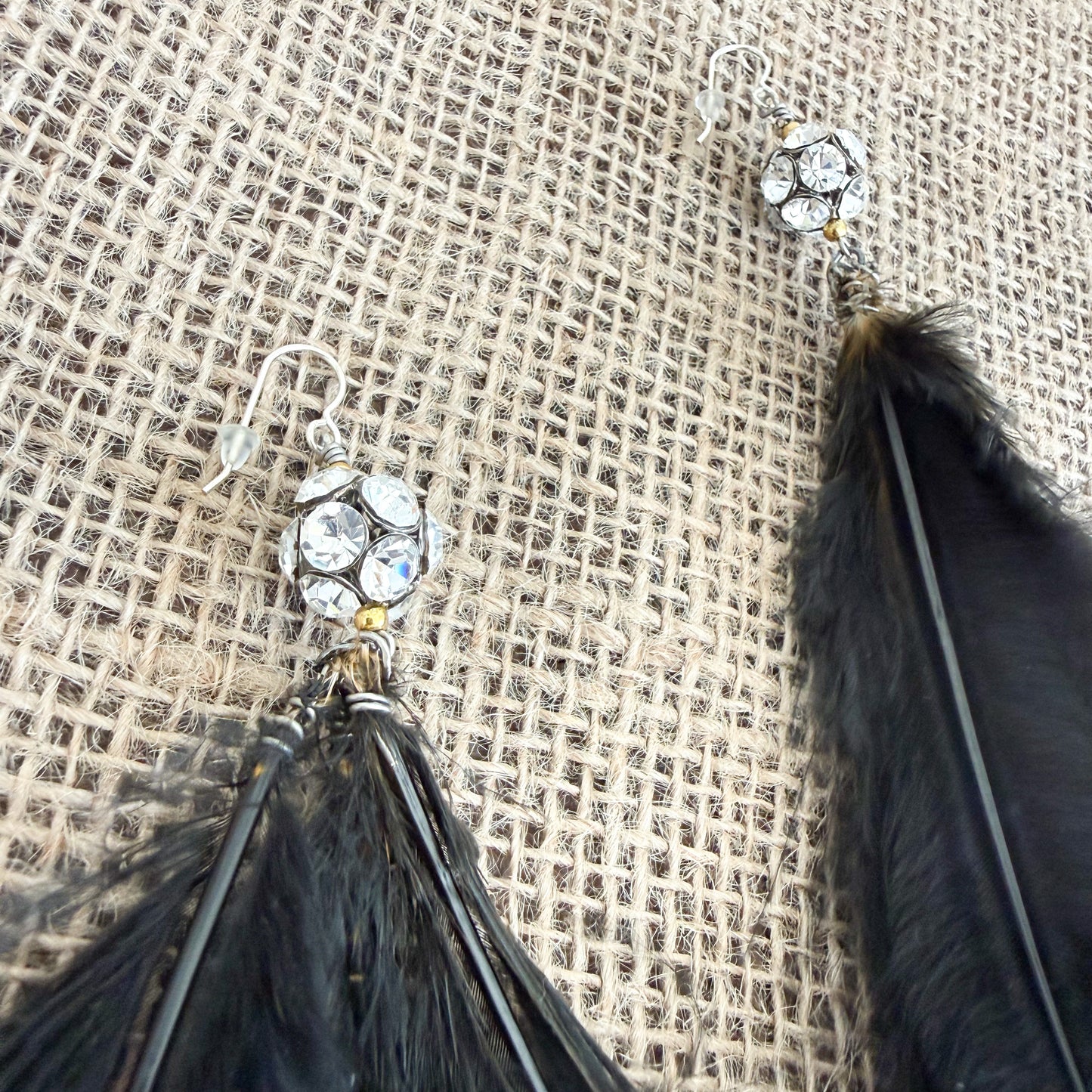 Eden Vintage Crystal Black Maribu Feather Earrings - BelleStyle