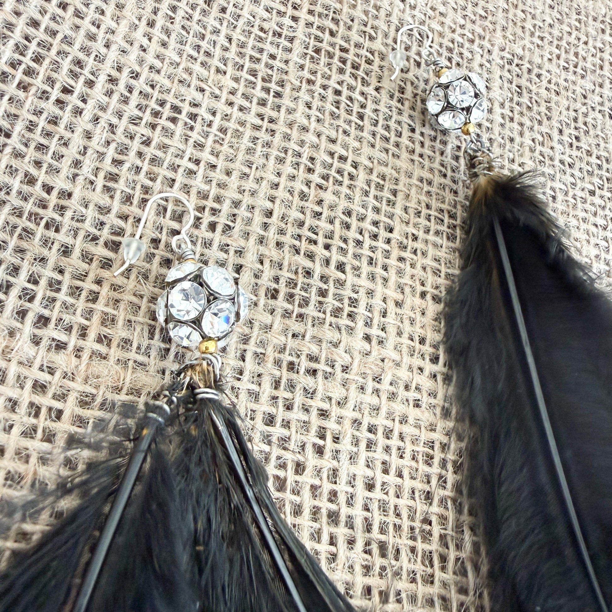 Eden Vintage Crystal Black Maribu Feather Earrings - BelleStyle