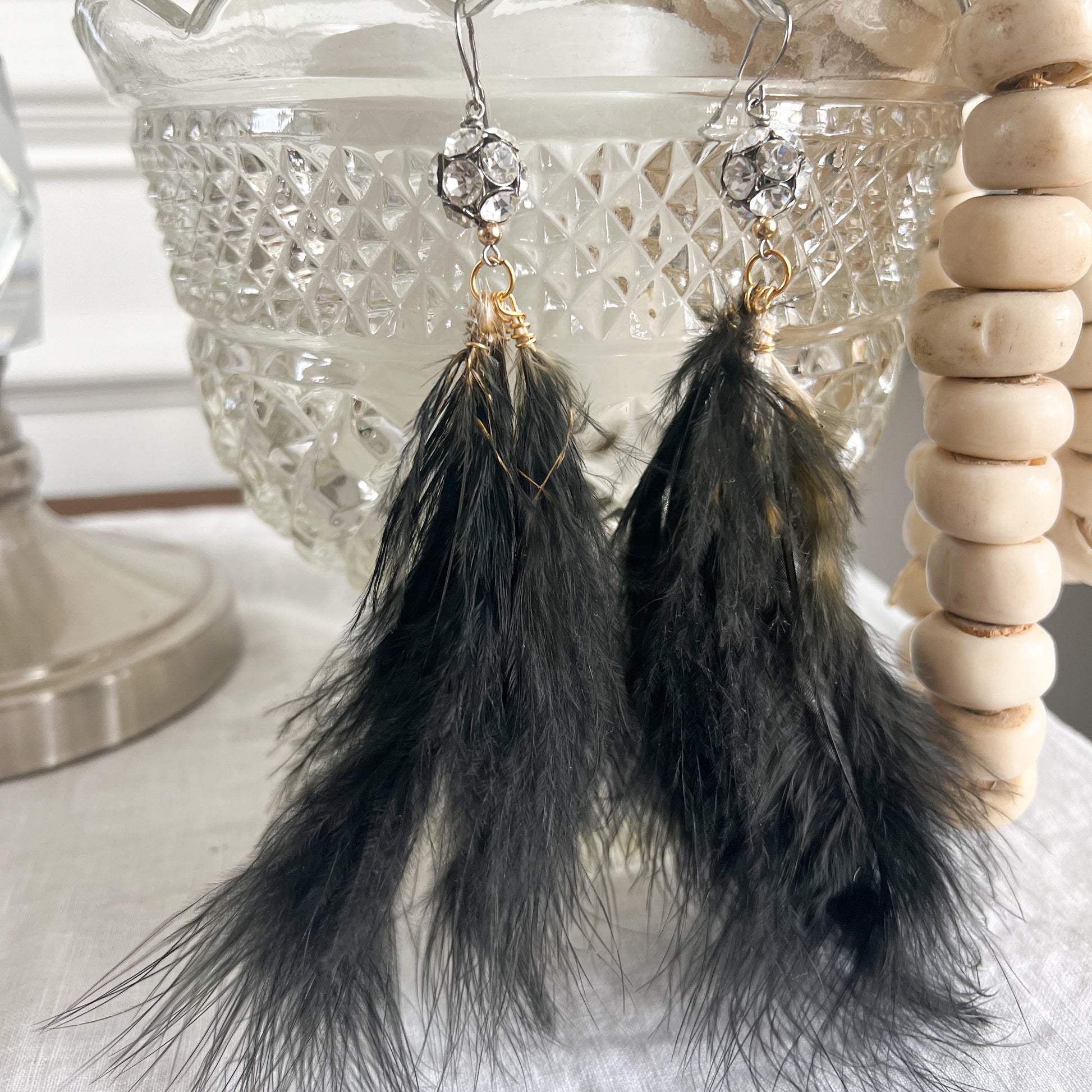 Eden Vintage Crystal Black Maribu Feather Earrings - BelleStyle