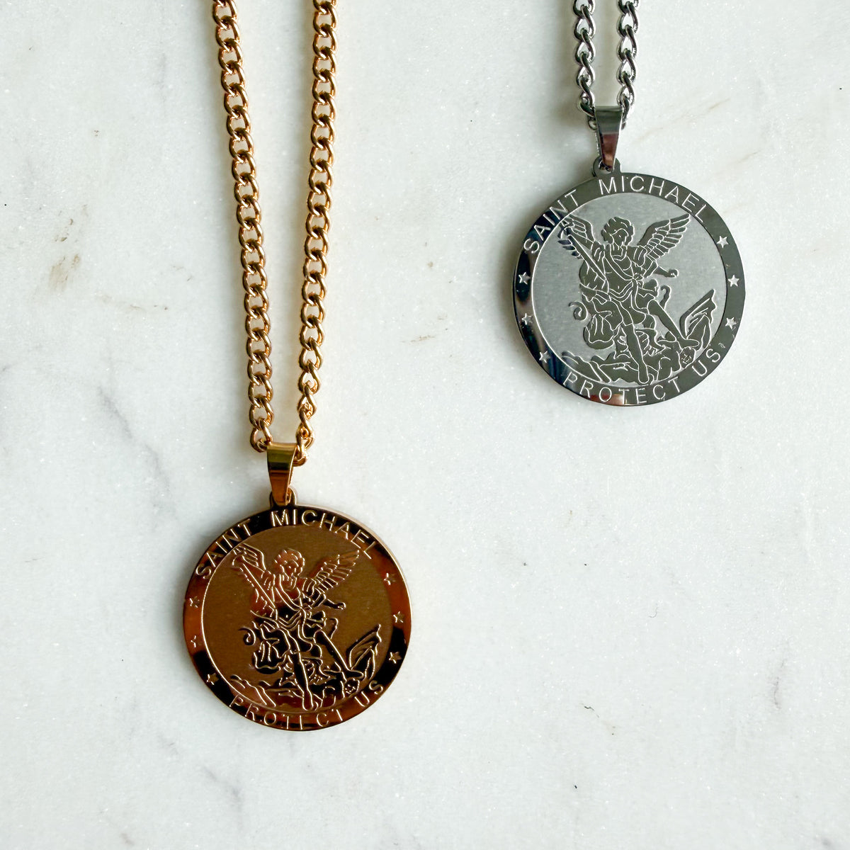 St. Michael Protect Us Stainless Steel Coin Charm Prayer Necklace - BelleStyle
