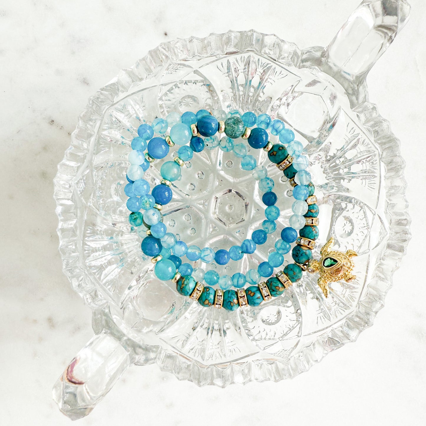 Atlantis Emerald Green Crystal Gold Turtle Charm Blue Chalcedony Necklace