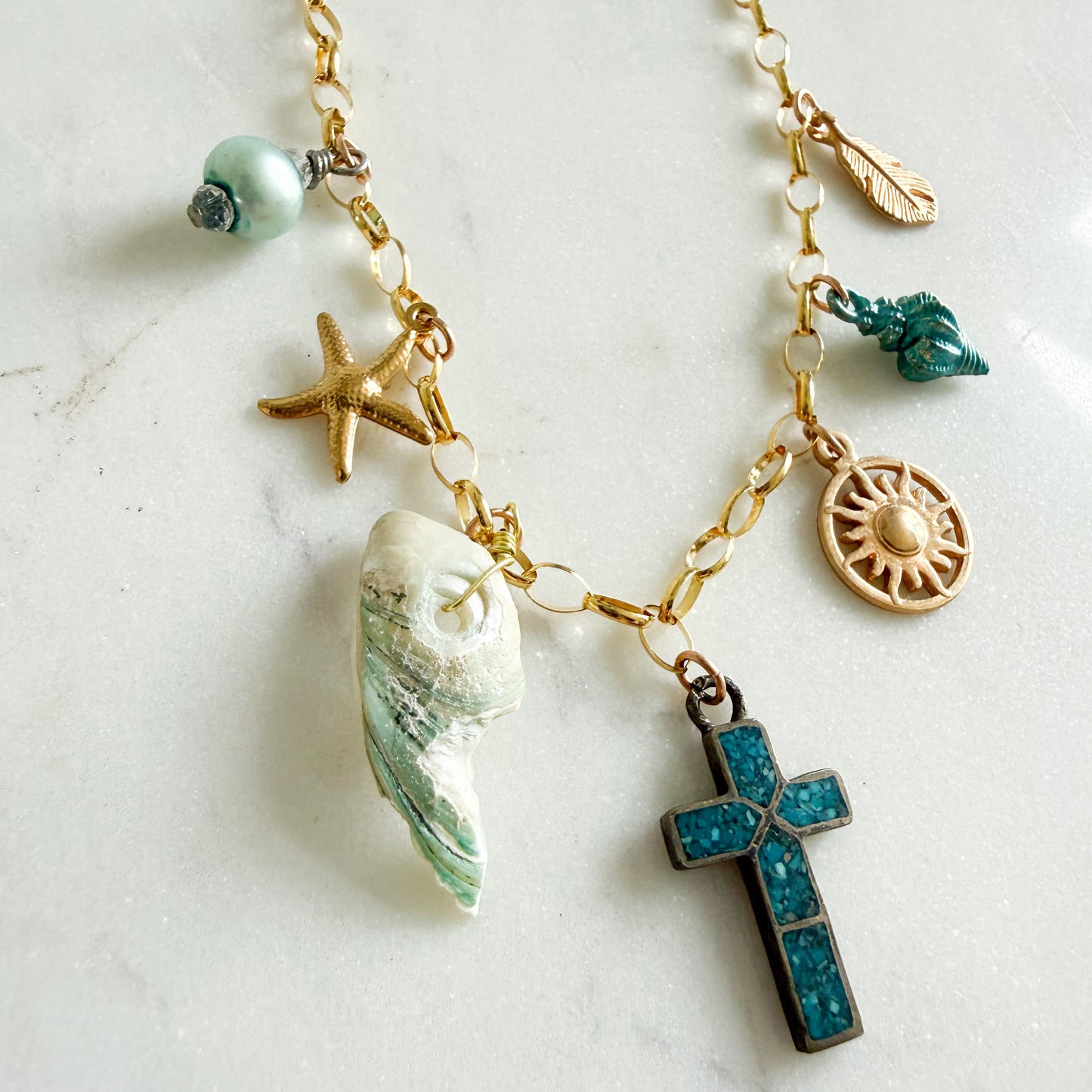 Sydney Vintage Cross Freshwater Pearl Charm 14KT GF Chain Necklace