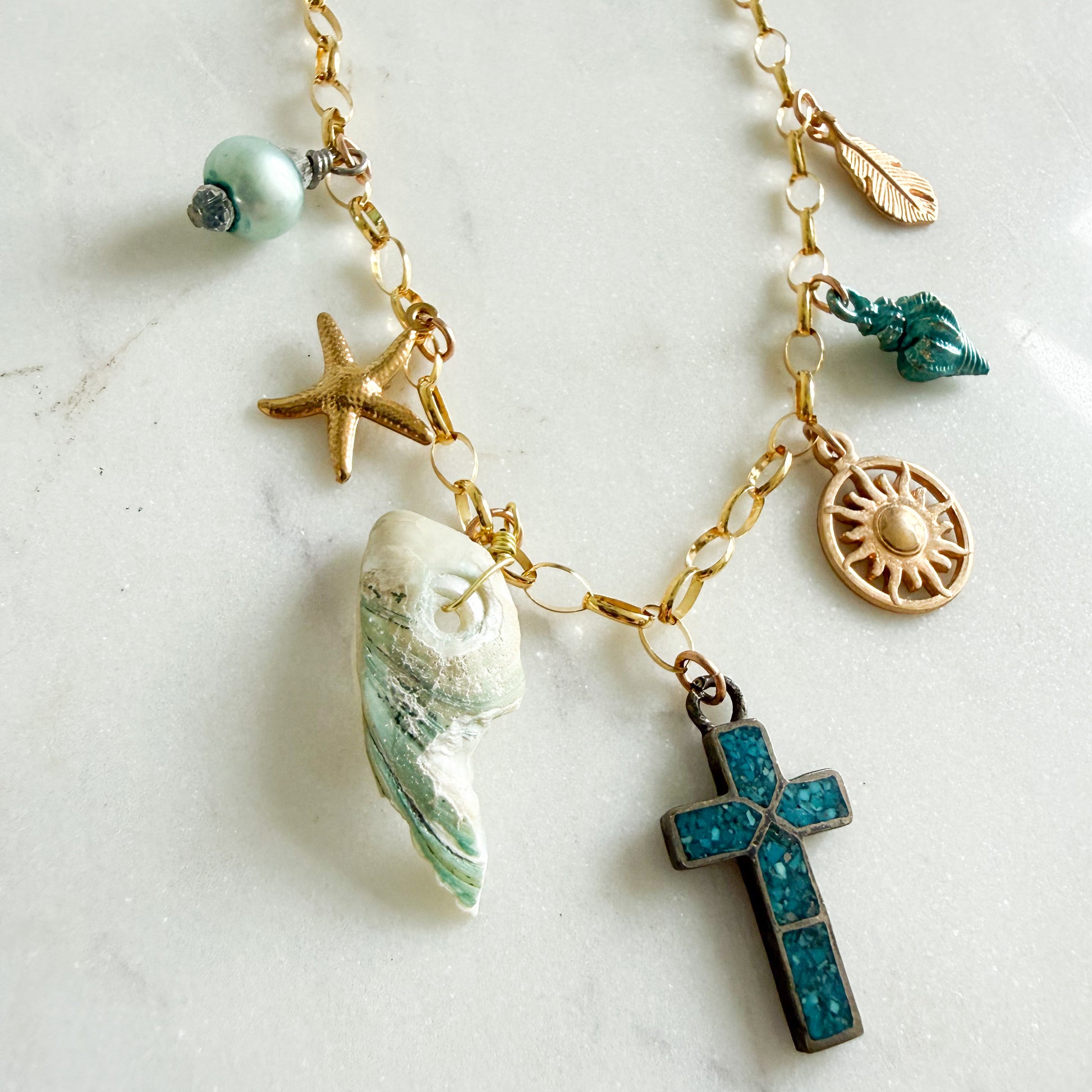 Sydney Vintage Cross Freshwater Pearl Charm 14KT GF Chain Necklace