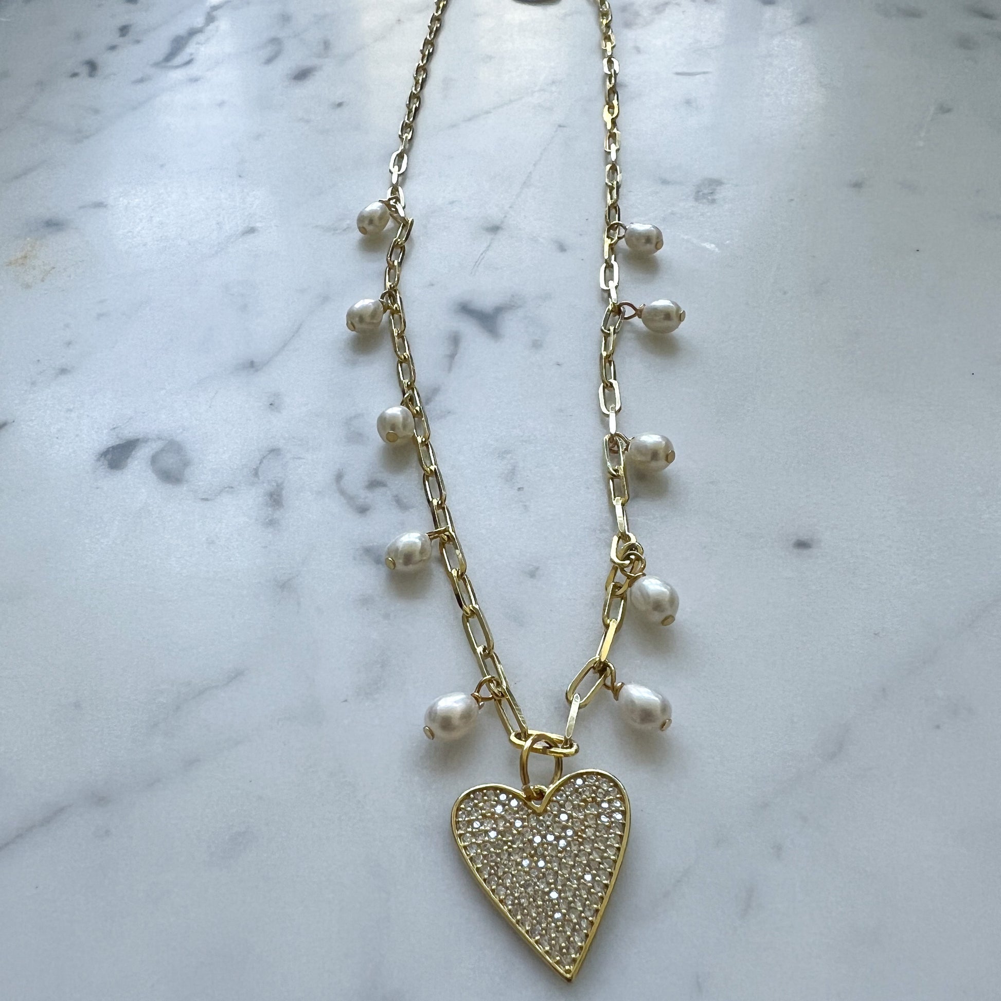 Coeur Pave Heart Freshwater Pearl Gold Charm 925 Necklace - BelleStyle