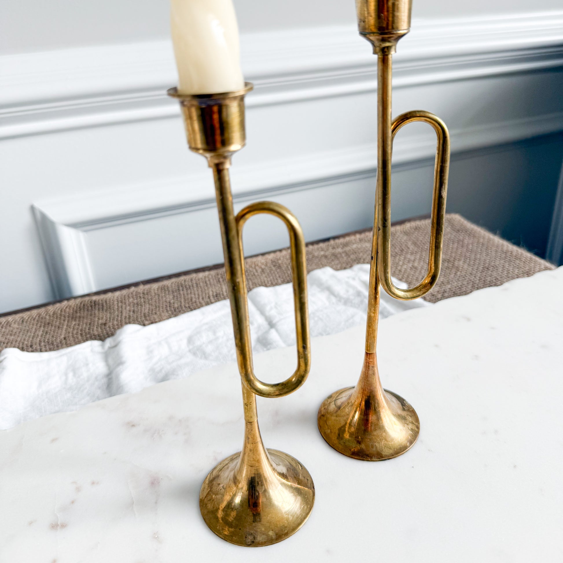 BelleStyle Vintage Brass Trumpet Candle Holders Set of 2