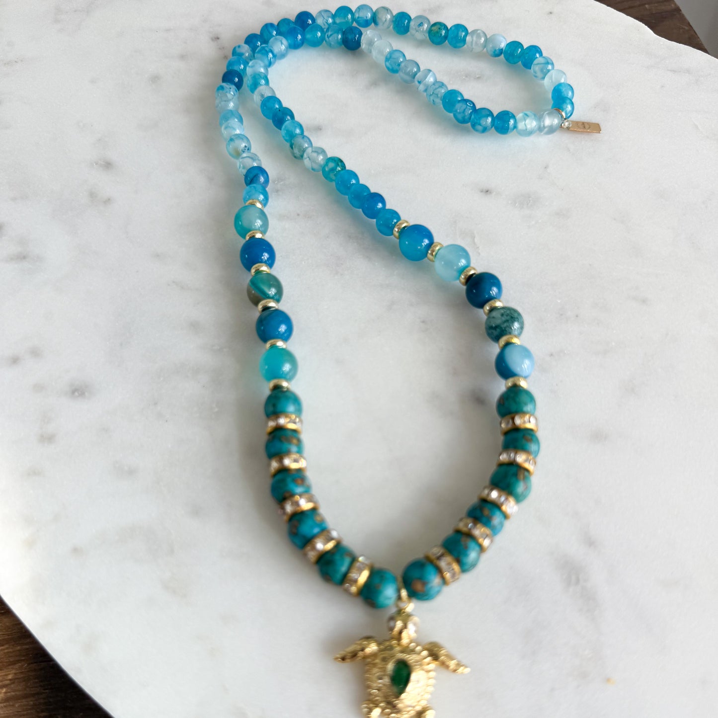 Atlantis Emerald Green Crystal Gold Turtle Charm Blue Chalcedony Necklace