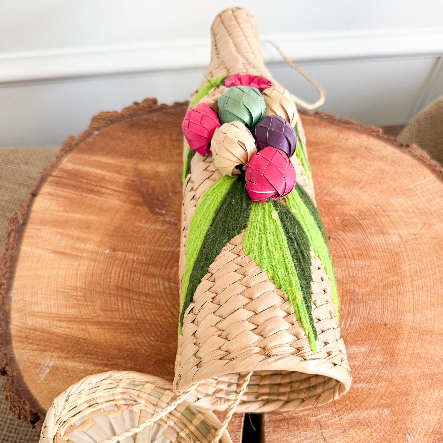 Raspberry Bohemian Vintage Fine Palm Woven Wine Carrier