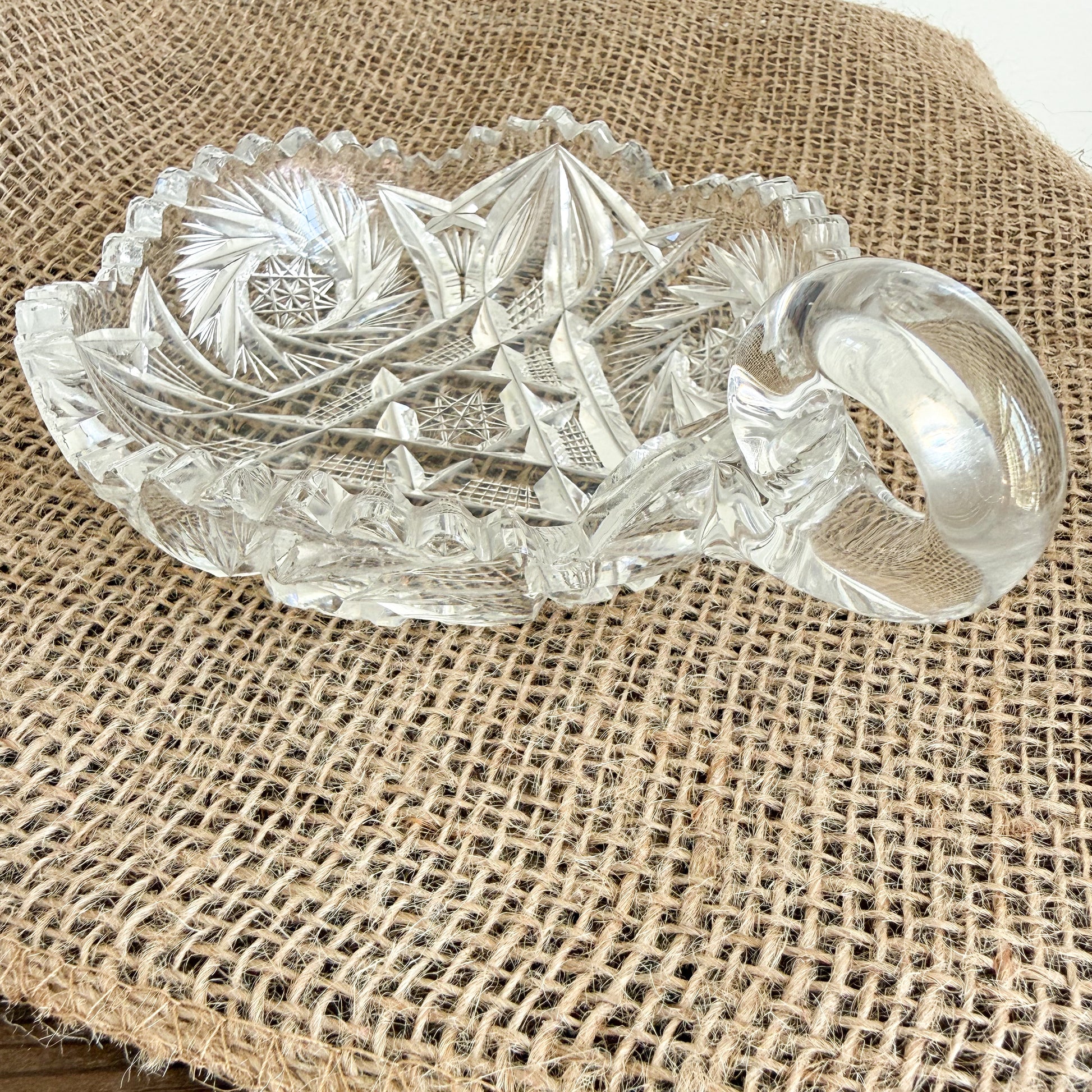 Windmill Vintage Crystal Glass Jewelry Bowl with Handle
