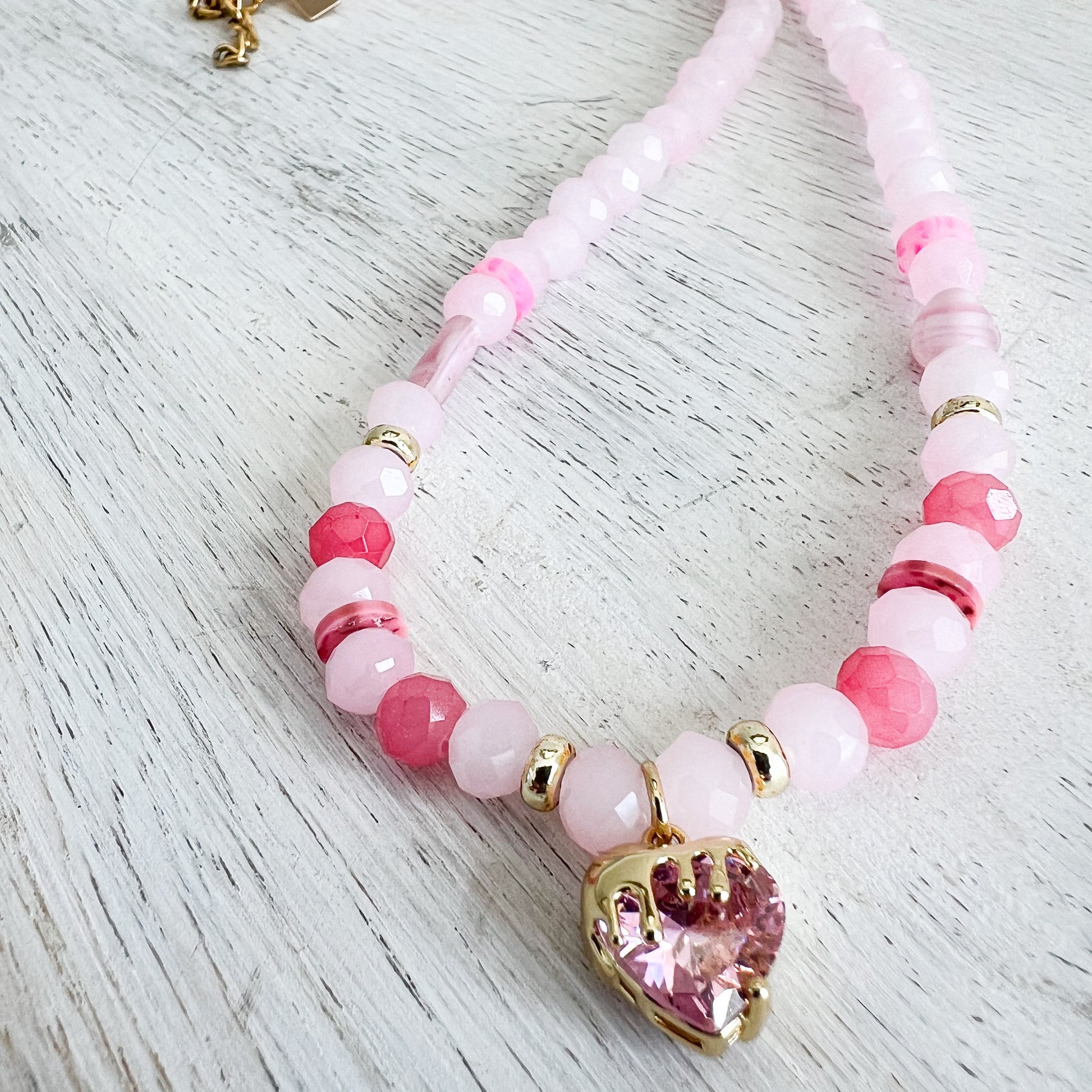 Drippy Strawberry Charm Rose Quartz Necklace