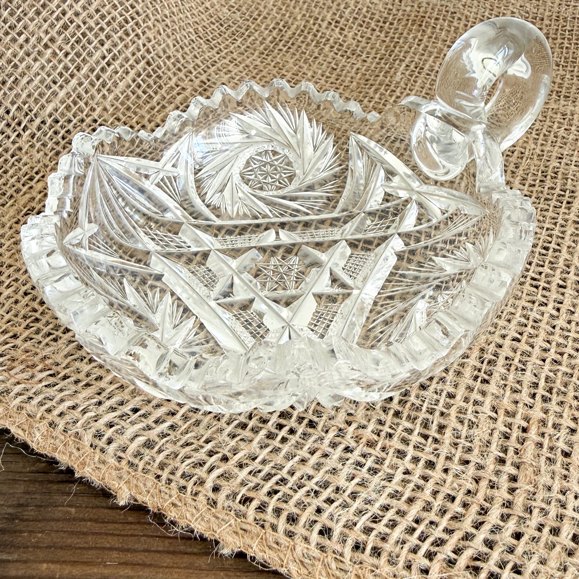 Windmill Vintage Crystal Glass Jewelry Bowl with Handle
