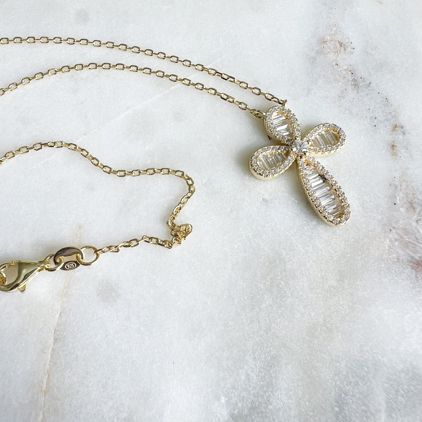 Round Cross Gold 925 Pave Crystal Cubic Zirconia Necklace