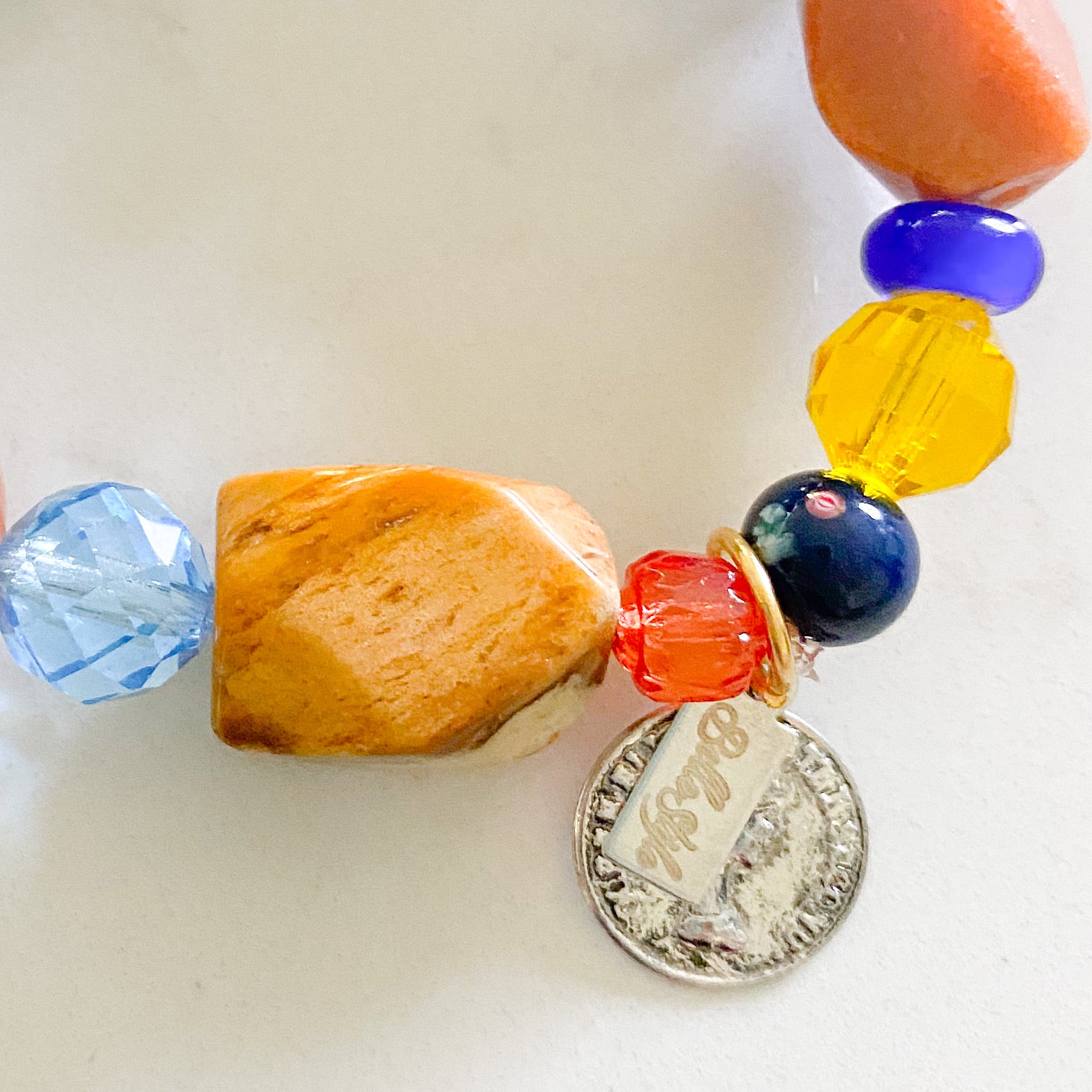Naples Bracelet -Bellestyle blue orange prayer beads coin carnelian agate