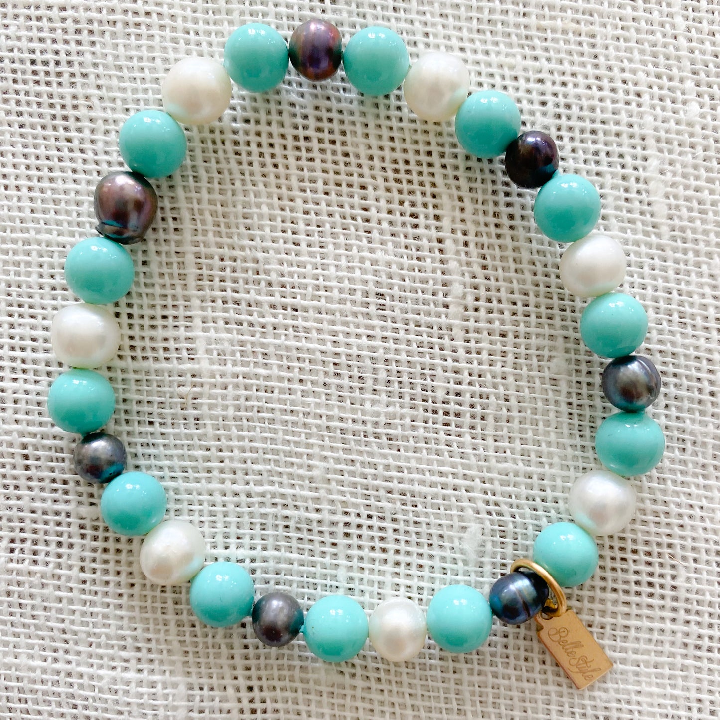 Didi Freshwater Pearl Bracelet - Bellestyle turquoise black white mother of pearl stretch
