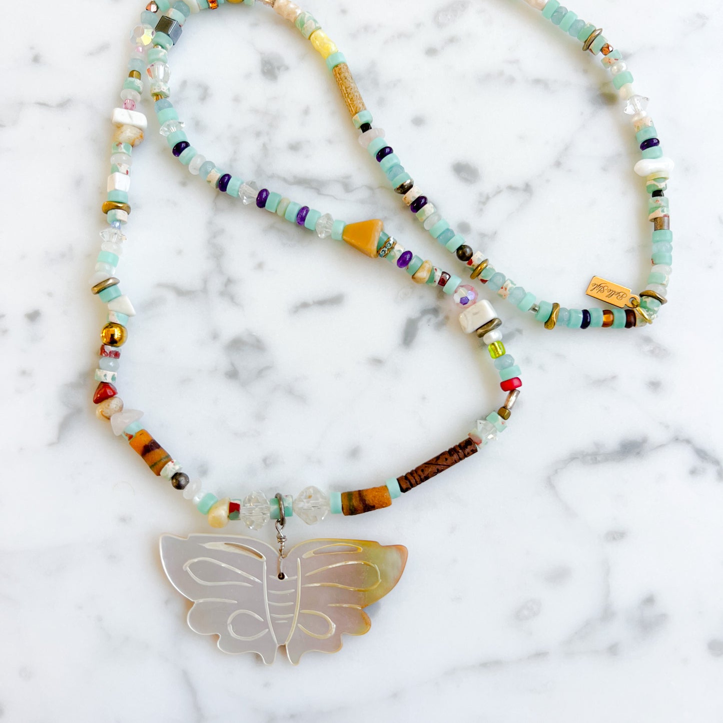 Mother of Pearl Vintage Butterfly Stone Necklace