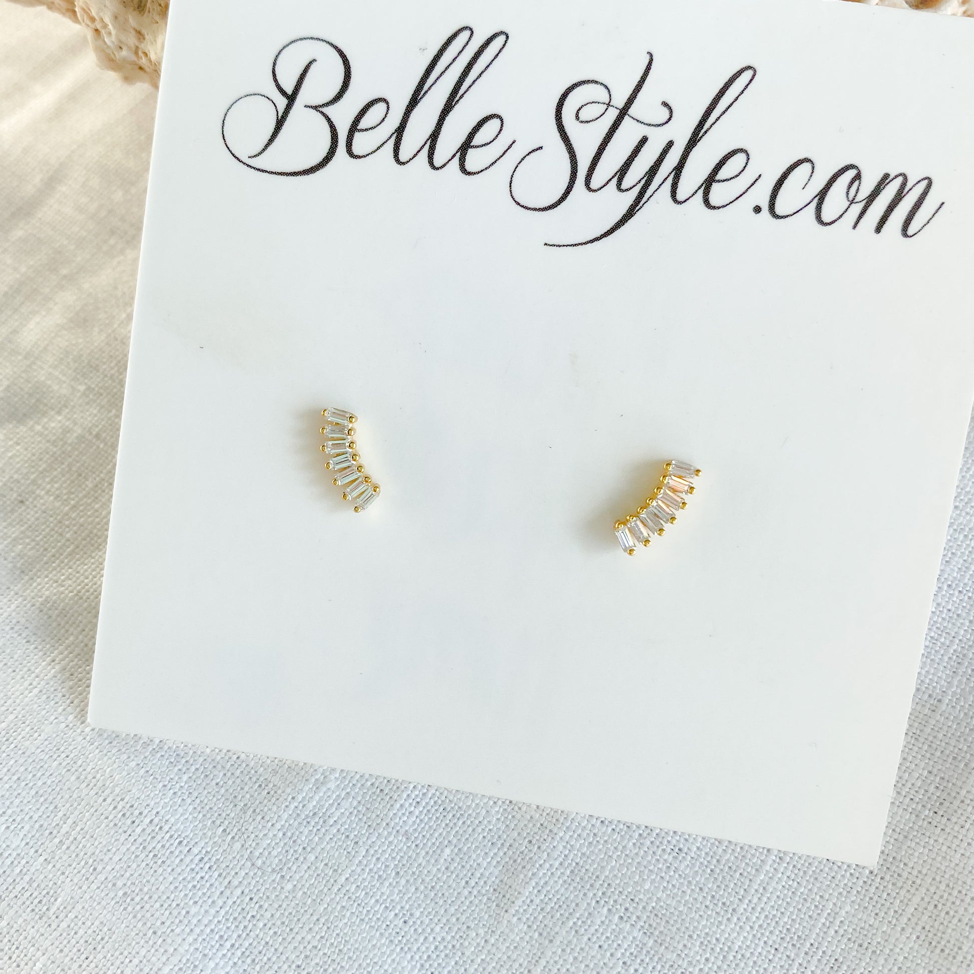 Crescent Stud earrings - Bellestyle sterling silver gold baguette crystal post everyday