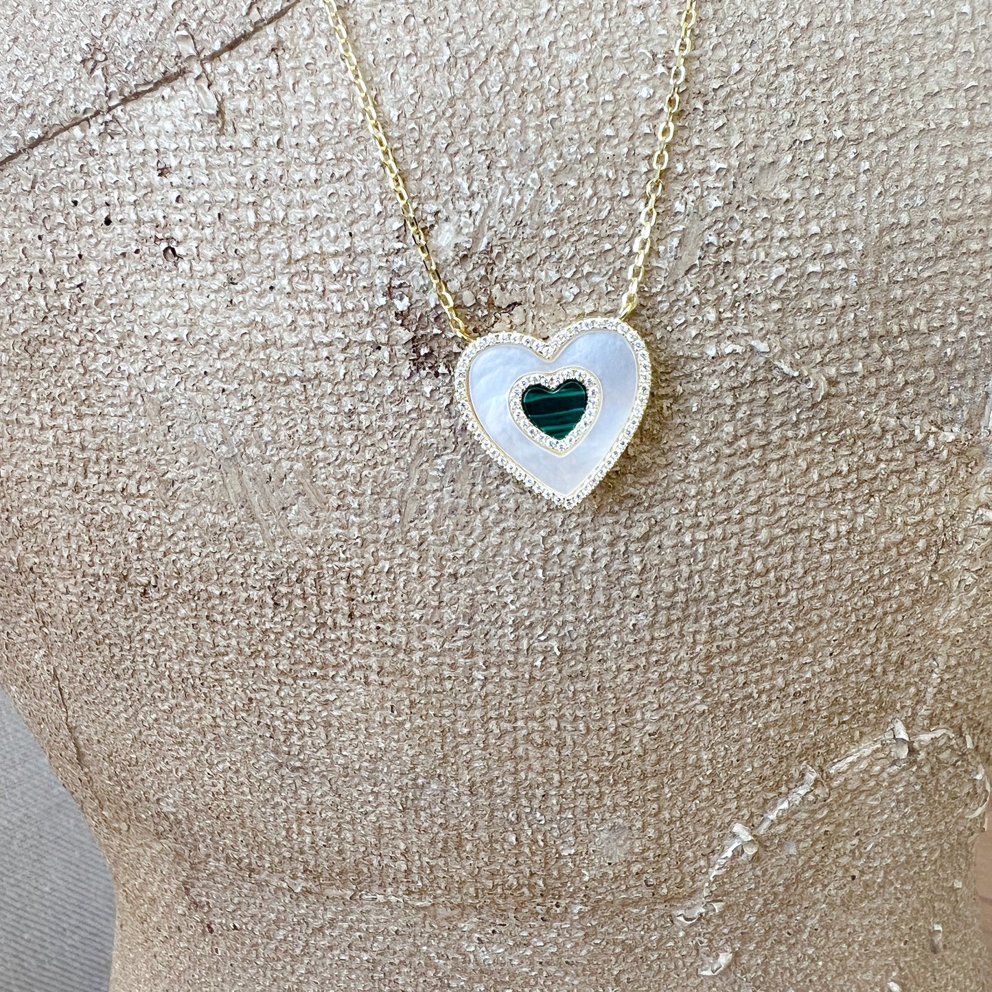 Mother of Pearl Marcasite Heart Charm Gold Necklace - BelleStyle