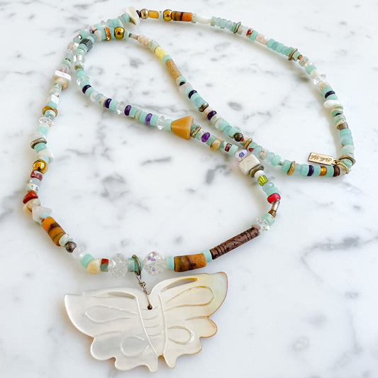 Mother of Pearl Vintage Butterfly Stone Necklace