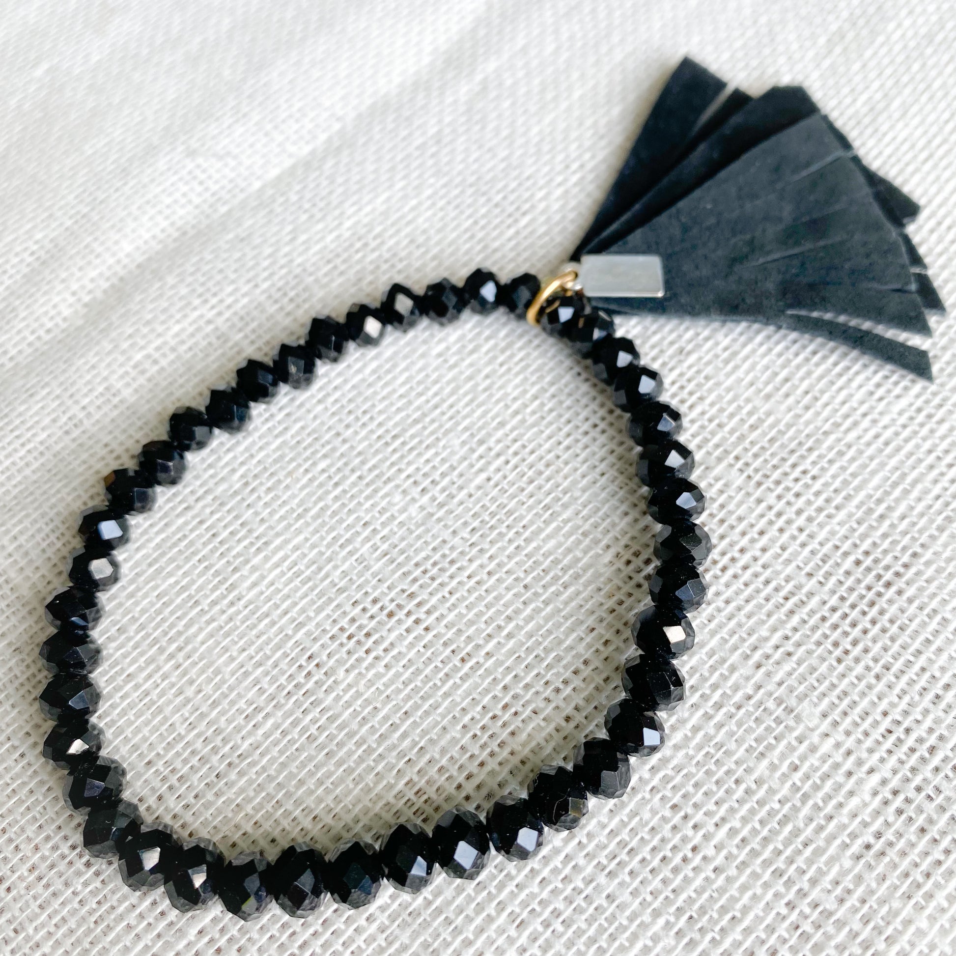 Black Crystal Leather Tassel Bracelet - BelleStyle