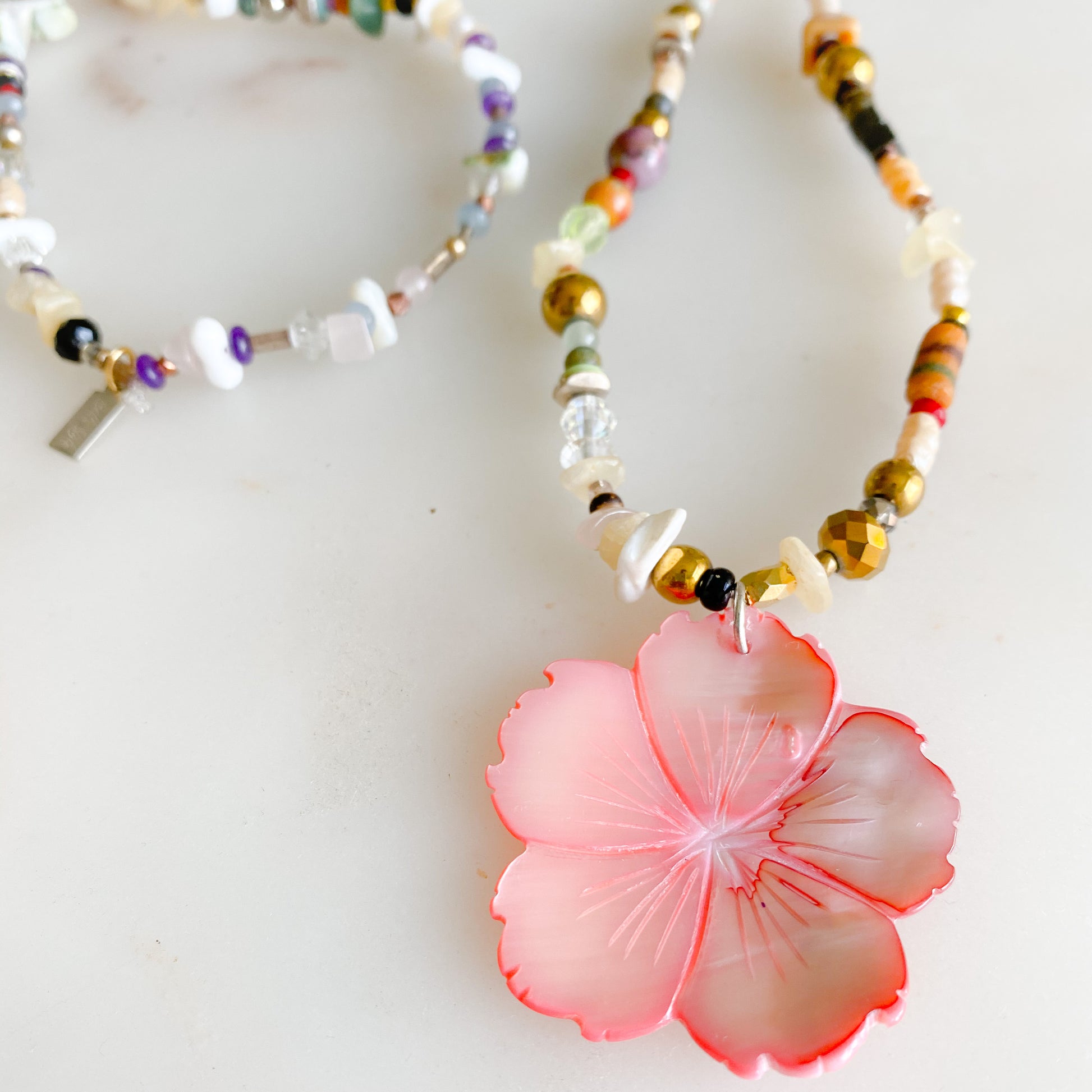 Grace Mother of Pearl Flower Necklace - Bellestyle - semi precious stone girl’s blue pink