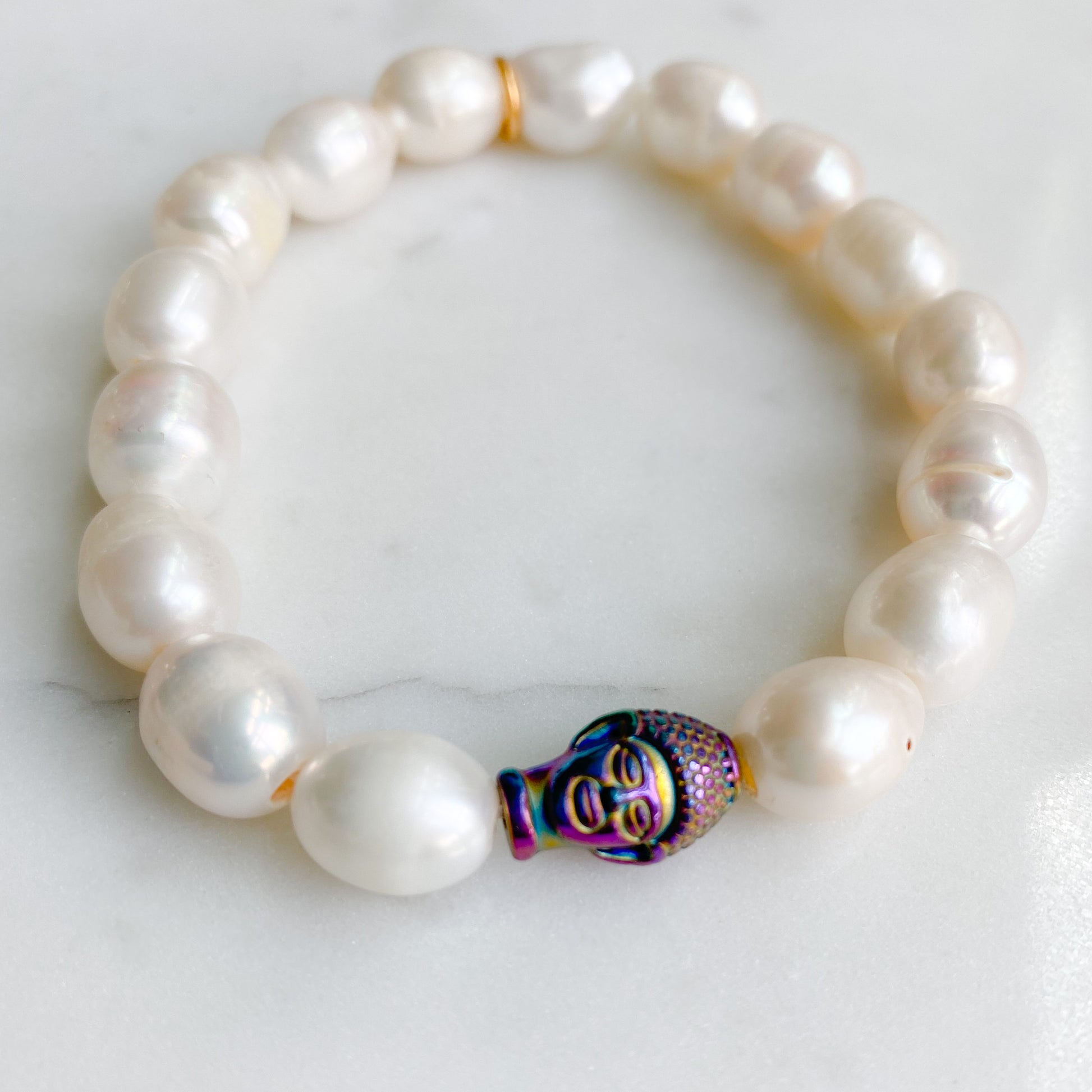 Rainbow Buddha Freshwater Pearl Bracelet White - Bellestyle