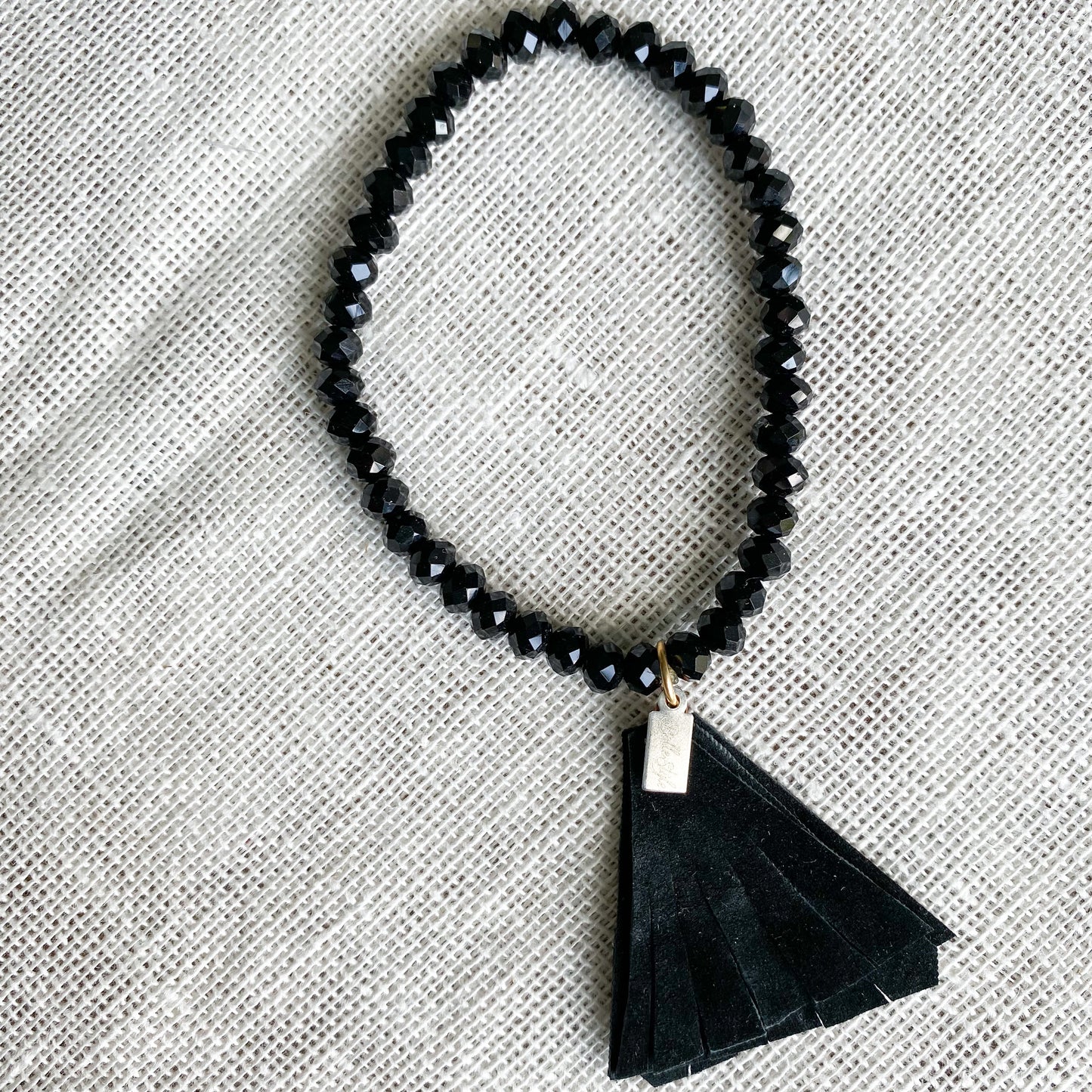 Black Crystal Leather Tassel Bracelet - BelleStyle