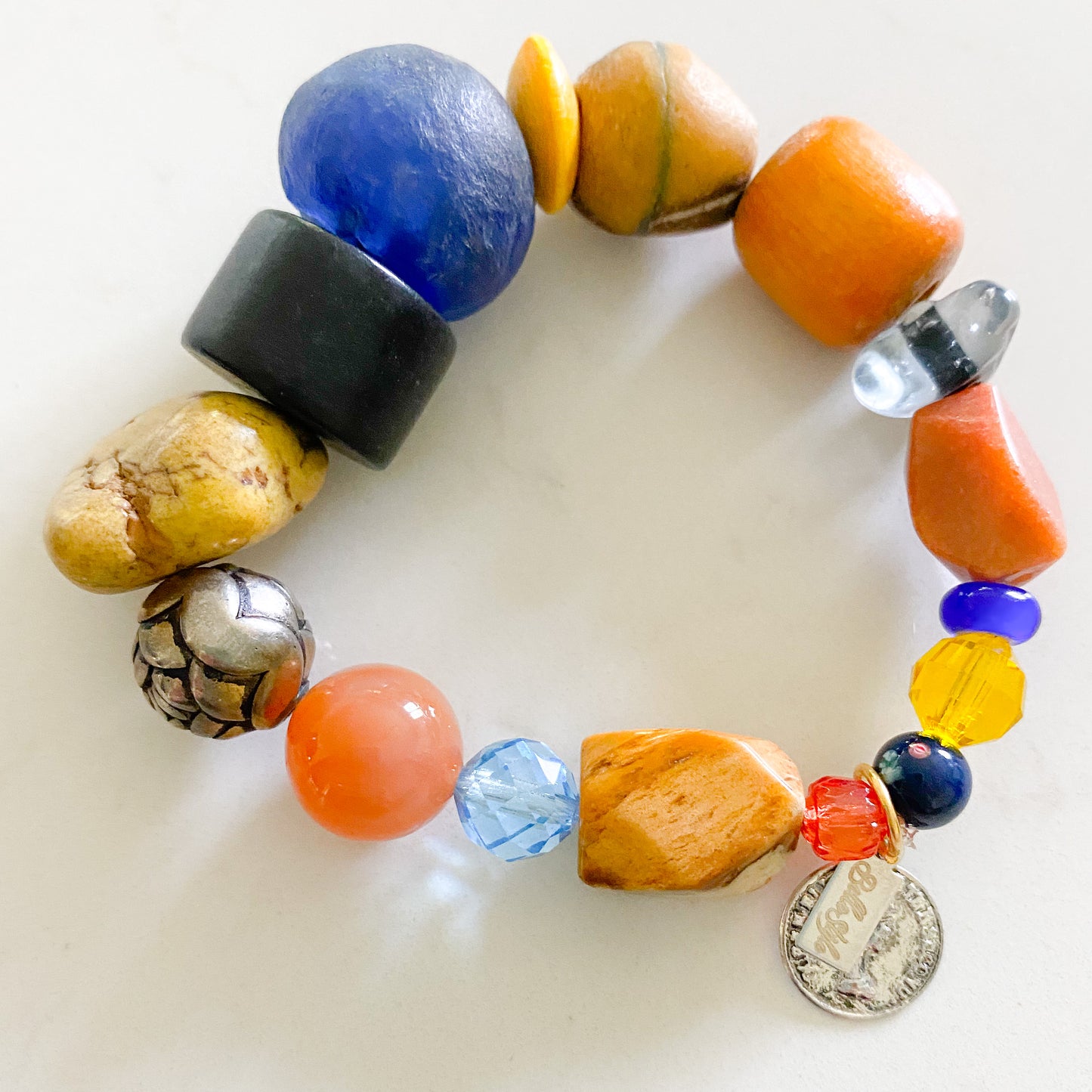 Naples Bracelet -Bellestyle blue orange prayer beads coin carnelian agate 