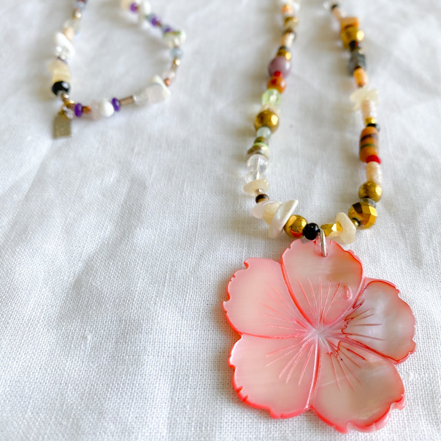 Grace Mother of Pearl Flower Necklace - Bellestyle - semi precious stone girl’s blue pink
