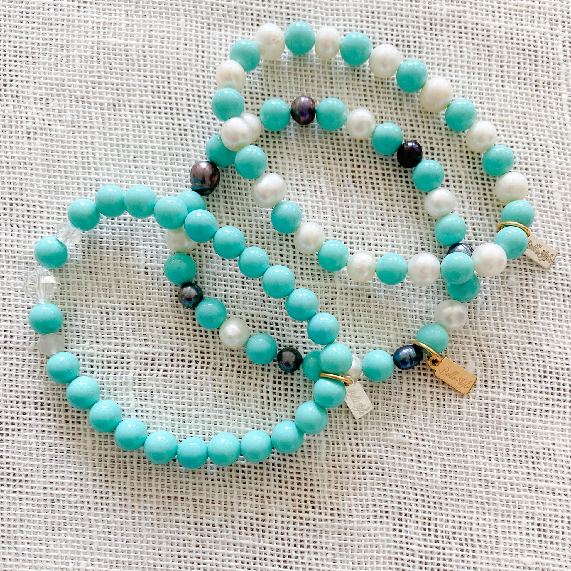 Didi Freshwater Pearl Bracelet - Bellestyle turquoise black white mother of pearl stretch